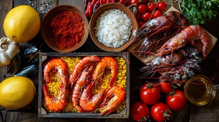 Paella Ingredients Kit Bomba rice, saffron, chorizo, prawns, mussels, rustic wooden crate, warm Spanish kitchen light, hero shot