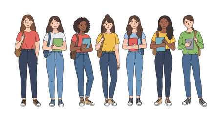 Obraz premium Seven diverse women in casual clothing holding books and bags