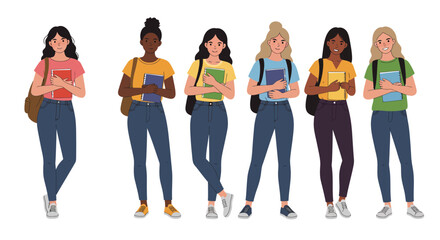 Obraz premium Six diverse young women standing in a line holding books