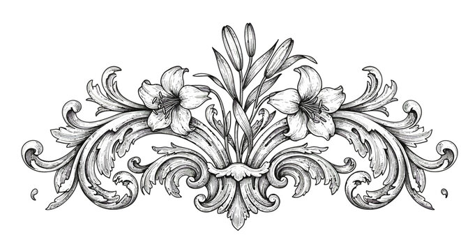 A black and white ornamental floral design with lilies