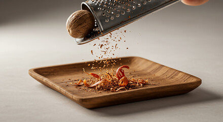 Experience the essence of fresh spices as fragrant nutmeg shavings elegantly descend onto a beautifully crafted wooden board, perfect for enriching flavors in your culinary creations.