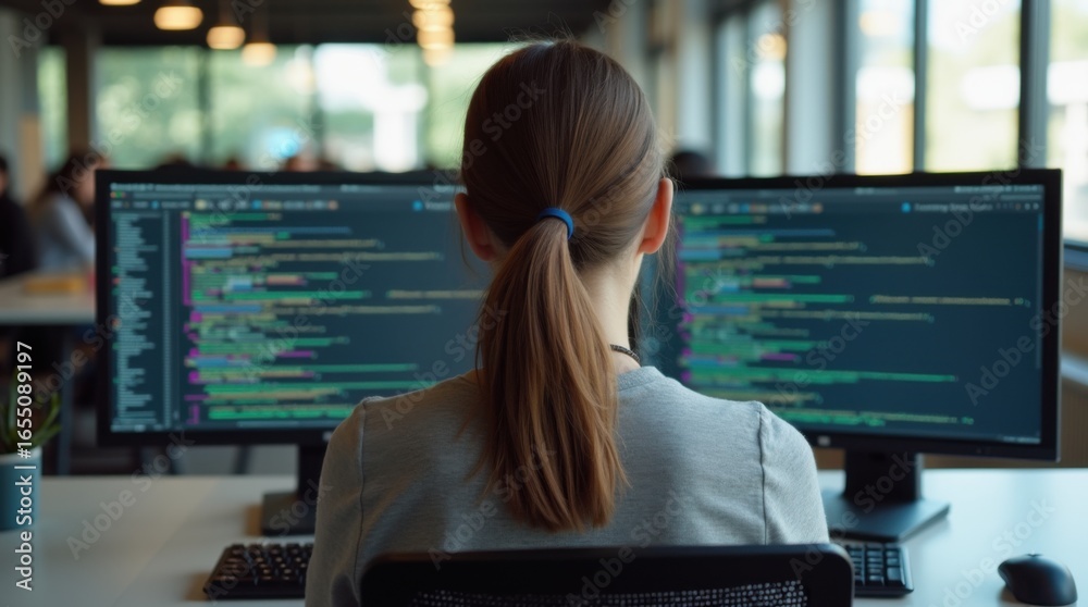 Wall mural back view of a woman coding on a computer in a modern office space.