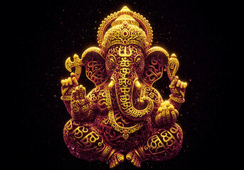 Abstract Lord Ganesha Form Made of Glowing Aum Fractal Sacred Geometry on Black Background