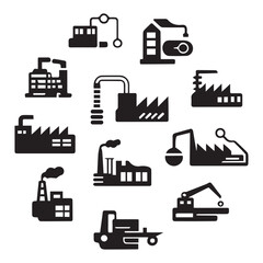 Industrial factory buildings and machinery icons manufacturing