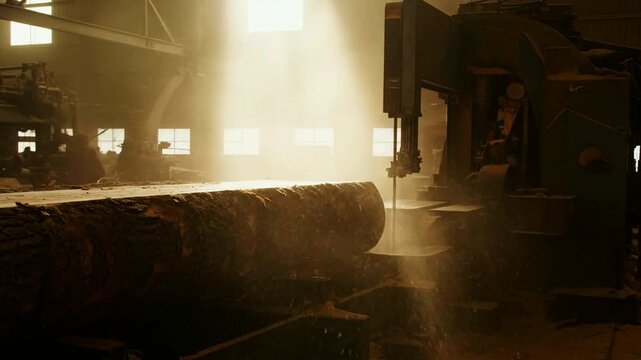 A powerful industrial bandsaw cuts through a massive log at a sawmill with sawdust filling the air in dramatic sunbeams.