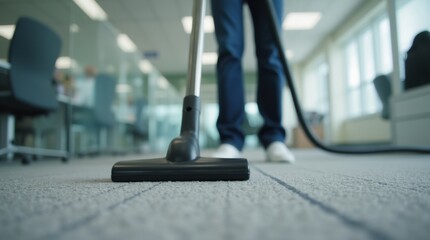 Vacuum cleaner head on a carpet in an office environment with person vacuuming. Shallow depth of field video. Office cleaning service concept. Video for cleaning service advertisements and promotions.