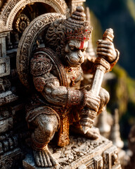 Hanuman idol lifting a mountain, muscles finely carved in stone, golden reflections highlighting heroic strength
