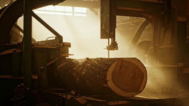 An industrial bandsaw with a water coolant system slices through a large log at a sawmill creating a spray of sawdust.