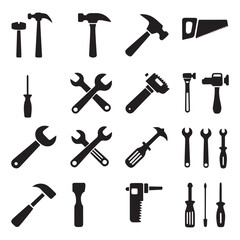 Assorted black tool icons including hammers wrenches screwdrivers and saws vector