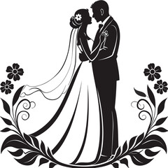 Silhouette of a Bride and Groom Sharing a Kiss During their Wedding Ceremony in Elegant Attire with a Flower Bouquet
