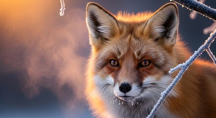 Obraz premium Close-up of a red fox's face with frost-covered branches, illuminated by a warm, golden light.
