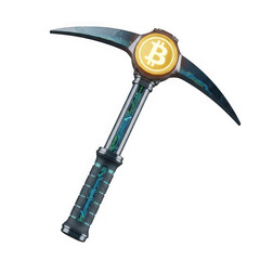 A bitcoin pickaxe, a symbol of cryptocurrency mining, isolated on transparent background, representing digital finance and technological innovation