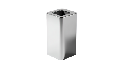 Modern, sleek, metallic cube-shaped trash can
