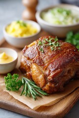Delicious pork knuckle served with sauerkraut and mustard on a wooden board in a cozy dining setting