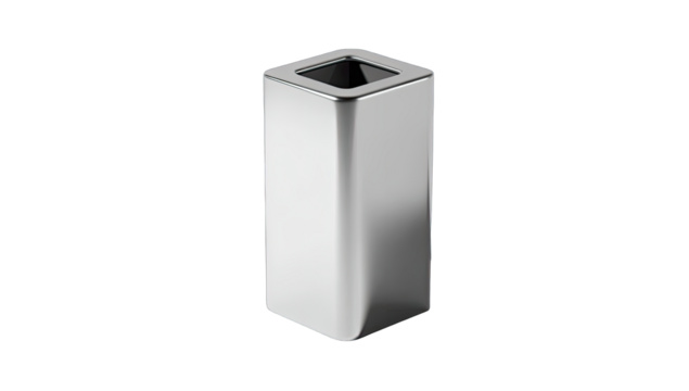 Modern, sleek, metallic cube-shaped trash can