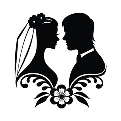Elegant Wedding Silhouette of Couple and Floral Design for Invitations and Celebrations, Perfect for Printing and Digital Use