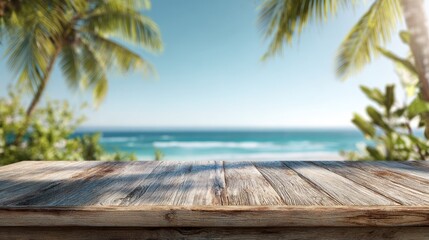 Wooden table overlooking a tropical ocean, palms swaying against a clear blue sky