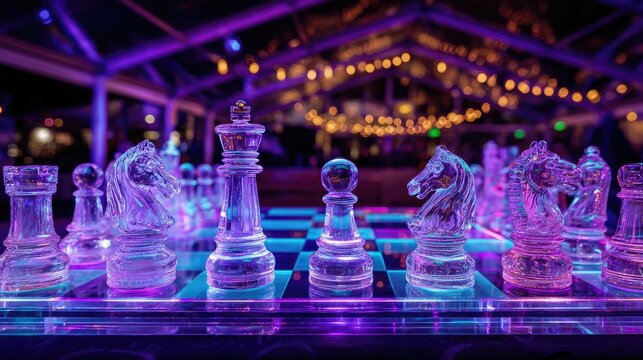 Illuminated glass chess pieces on a vibrant board.