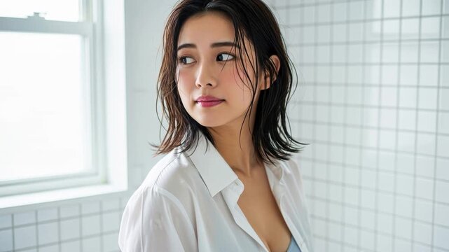 窓の外を見つめる濡れたYシャツ姿の女性のセクシーな横顔
