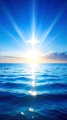 Obraz premium Sunrise over calm ocean with a cross of light