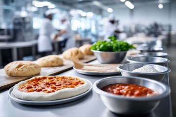 Colorful pizza ingredient preparation in a bustling production facility