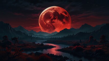 surreal red moon over dark forested valley with glowing river and dramatic sky