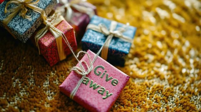 Colorful gift boxes with give away text on textured surface