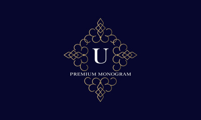 Premium monogram with initial U in the center and space for text on a dark background. Elegant design for business, company logo, restaurant, heraldry, hotel, boutique.