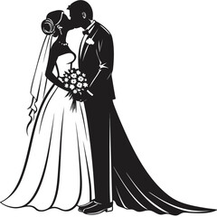 Silhouette of a Bride and Groom Sharing a Kiss During their Wedding Ceremony in Elegant Attire with a Flower Bouquet