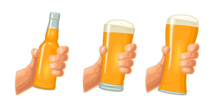 Man hand holding and clinking beer glass and bottle with light beer. Vector color flat illustration for web icon, poster, invitation to party. Isolated on white background.