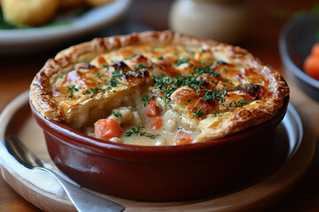 A bowl of food with a fork on a plate.