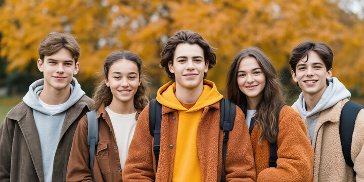 Cheerful friends in autumn park a back to school lifestyle portrait