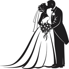 Silhouette of a Bride and Groom Sharing a Kiss During their Wedding Ceremony in Elegant Attire with a Flower Bouquet