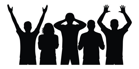 Black silhouettes of people with raised arms and one person holding head crowd cheering