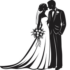 Silhouette of a Bride and Groom Sharing a Kiss During their Wedding Ceremony in Elegant Attire with a Flower Bouquet