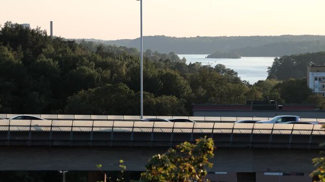 Stockholm, Sweden Traffic at sunset on the E4 elevated highway known as Essingeleden. 