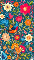 Vibrant floral pattern with birds