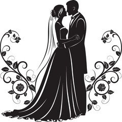 Elegant Wedding Silhouette of Bride and Groom Facing Each Other with Flowers on the Bride's Dress Black and White