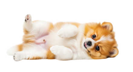 Adorable fluffy pomeranian puppy lying on its back with paws up in a playful and cute pose isolated on transparent background for commercial use