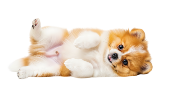 Adorable fluffy pomeranian puppy lying on its back with paws up in a playful and cute pose isolated on transparent background for commercial use