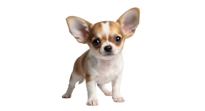 Adorable Small Chihuahua Puppy with Big Ears Standing on a Transparent Background in a Studio Setting