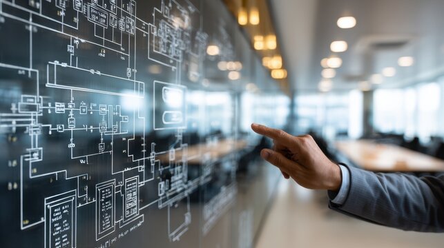 Closeup of hands pointing at data flow schematics on a glass board main diagram focused rest of meeting room softly out of focus.
