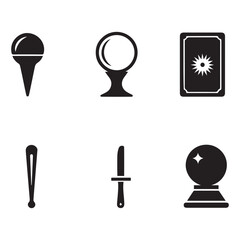 Black icons of fortune telling objects and weapons crystal ball tarot card