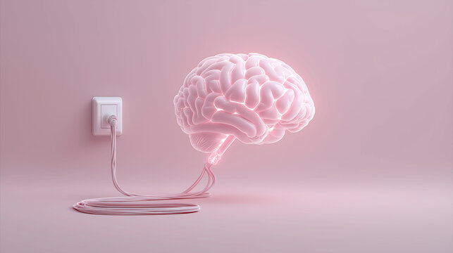 3D rendering a glowing human brain connected to an electric plug. Mind, Technology and innovation concept
