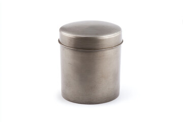 a metal container with a lid on a white surface