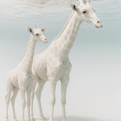 Albino Giraffe with baby in the water