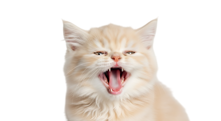 Adorable fluffy ginger kitten yawning widely showing its teeth and pink tongue isolated on transparent background close up of sleepy playful pet with eyes half closed expressing fatigue