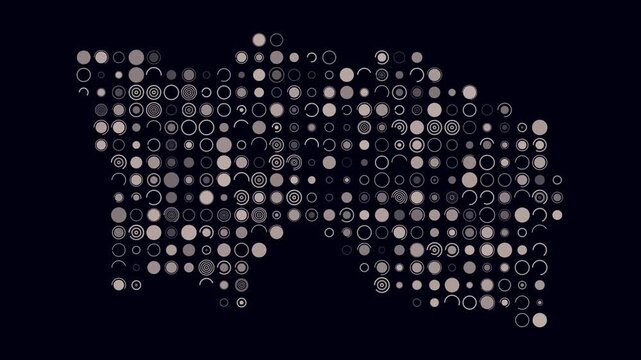 Jersey map animation. Shape of the country with pulsating colored dots. Large size circle blocks. Digital style Jersey map on dark background. Plain video.
