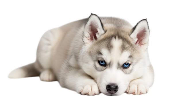 Adorable Siberian Husky Puppy with Striking Blue Eyes Lying Down Isolated on Transparent Background Cute Canine Pet Companion