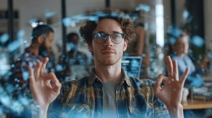 In a bustling office, a software developer using augmented reality software gestures the okay sign to manipulate data visualizations, highlighting innovative technology